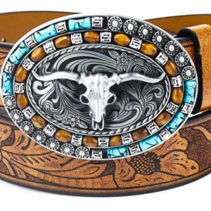 Women Western Cowboy Belt - PU Leather Longhorn Bull Turquoise Embossed Buckle Belt for Jeans Pants Dresses