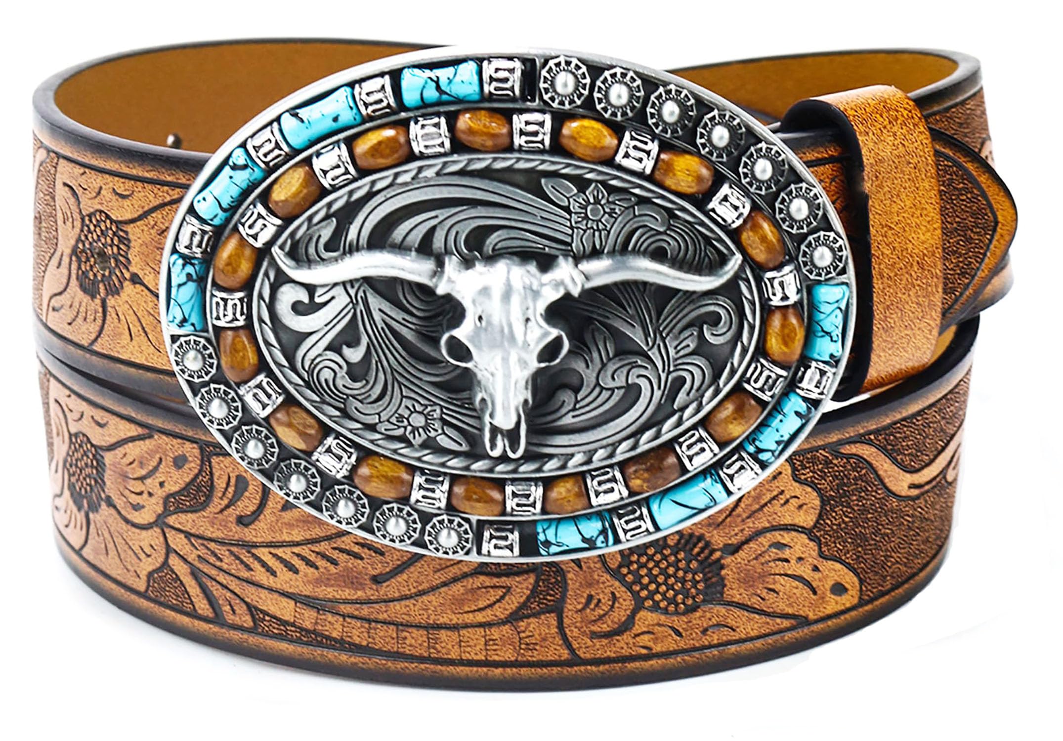 Women Western Cowboy Belt - PU Leather Longhorn Bull Turquoise Embossed Buckle Belt for Jeans Pants Dresses