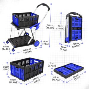 COOCHEER Collapsible Utility Cart Multifunction Collapsible Carts, Mobile Folding Trolley, Collapsible Hand Truck and Dolly, Shopping Cart with Storage Crate, Shopping Cart Folding Trolley, Blue