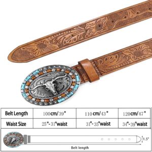 Women Western Cowboy Belt - PU Leather Longhorn Bull Turquoise Embossed Buckle Belt for Jeans Pants Dresses