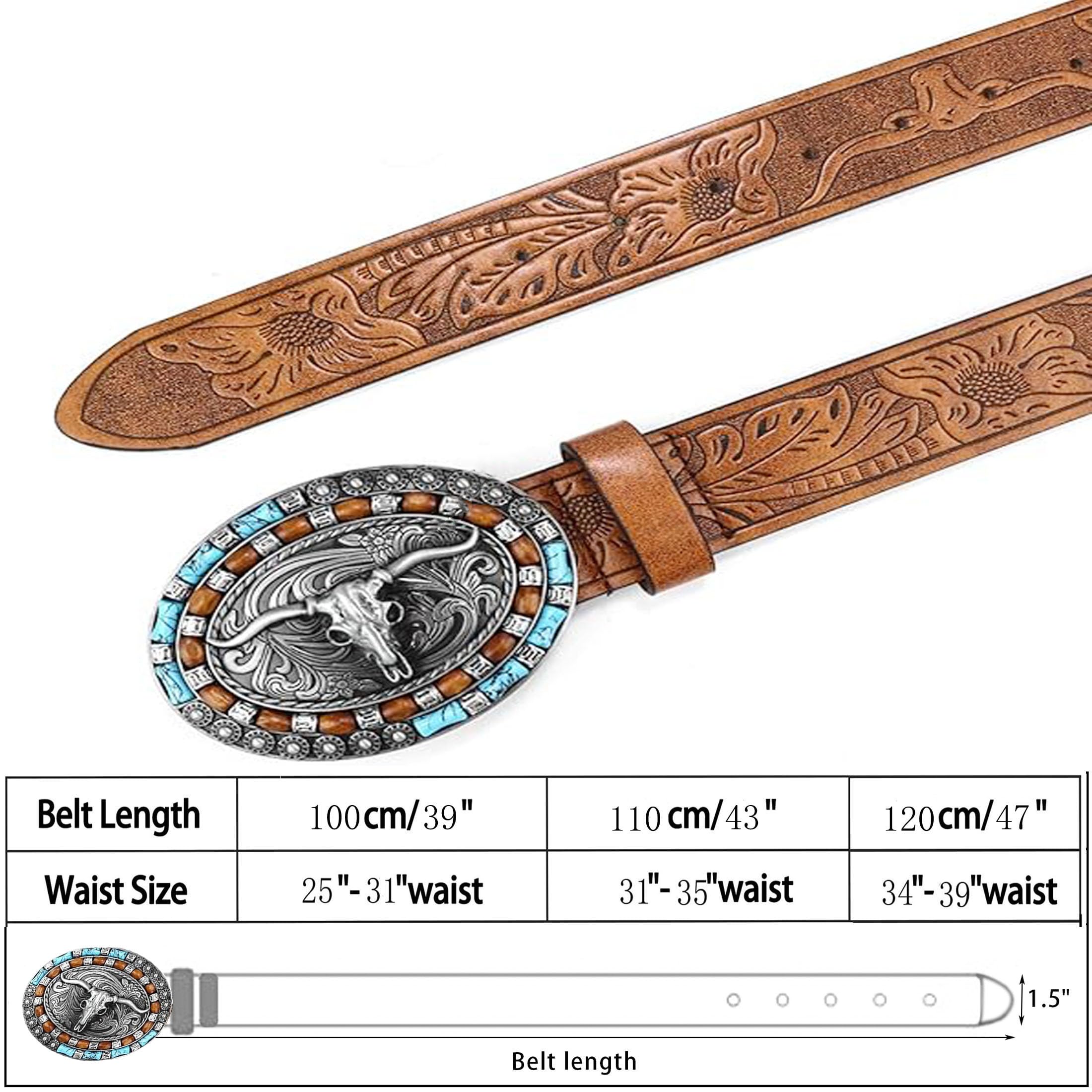 Women Western Cowboy Belt - PU Leather Longhorn Bull Turquoise Embossed Buckle Belt for Jeans Pants Dresses