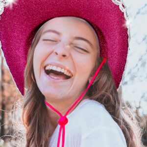 Cowboy Hat Pink Cowgirl Hat with Sequins & Tiara Crown for Women Rodeo Party Hats with Heart Glasses (Felt, Hot Pink)