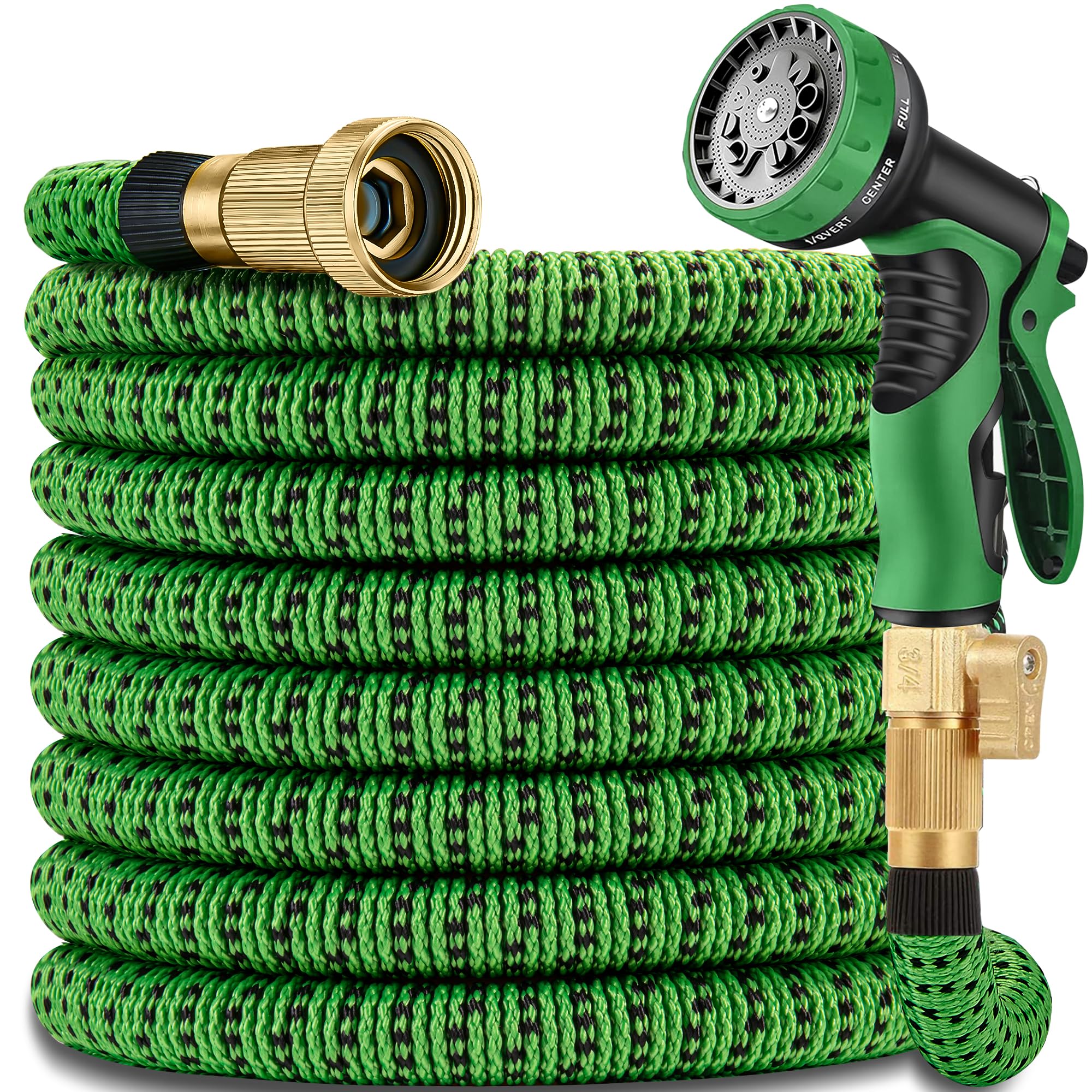 100 ft Expandable Garden Hose Water Hoses with 10 Function Spray Nozzle, 2024 New Superior Strength Flexible Hose, 3/4" Brass Connectors- Leakproof Lightweight Water Pipe for Gardening(Green Black)