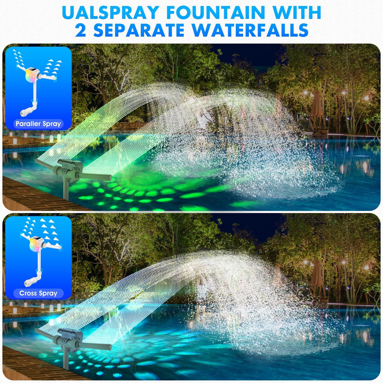 Pool Fountain with Solar Pool Light Show,Adjustable Dual Spray Sprinkler Pool Fountain for Inground Pool Waterfall,Swimming Pool Water Fountain,Fun Pool Waterfall Sprayer for Pool Cooling Fountain