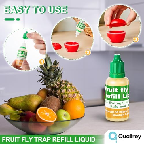 Qualirey 12 Pack Fruit Fly Trap Refill Liquid, 0.68oz Per Bottle Liquid Fly Traps for Indoors, Non Toxic Bait Safe Near Pets, Food and Kids, Fruit Fly Lure Refill Liquid Trap for Home Kitchen