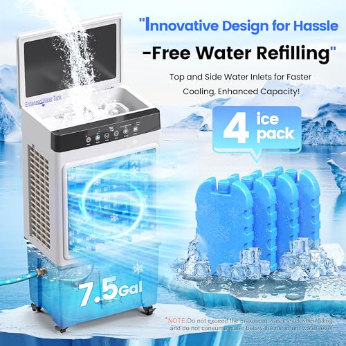 Evaporative Air Cooler, 3500CFM 3-in-1 Swamp Cooler with 7.5Gal Water Tank, 120° Oscillation, 3 Speeds 3 Modes, 4 Ice Packs, 12H Timer, Remote, Portable Air Conditioner for Room, Home & Office