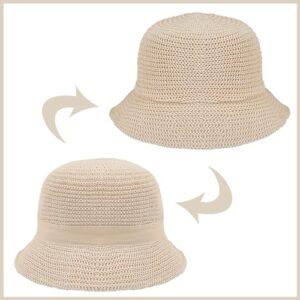 JAZTAKU Beige Bucket Hat Women Mesh Woven Bucket Hats Sun Hat Foldable Packable Wide Brim Summer Soft Beach Hat Crochet Bucket Hat for Women