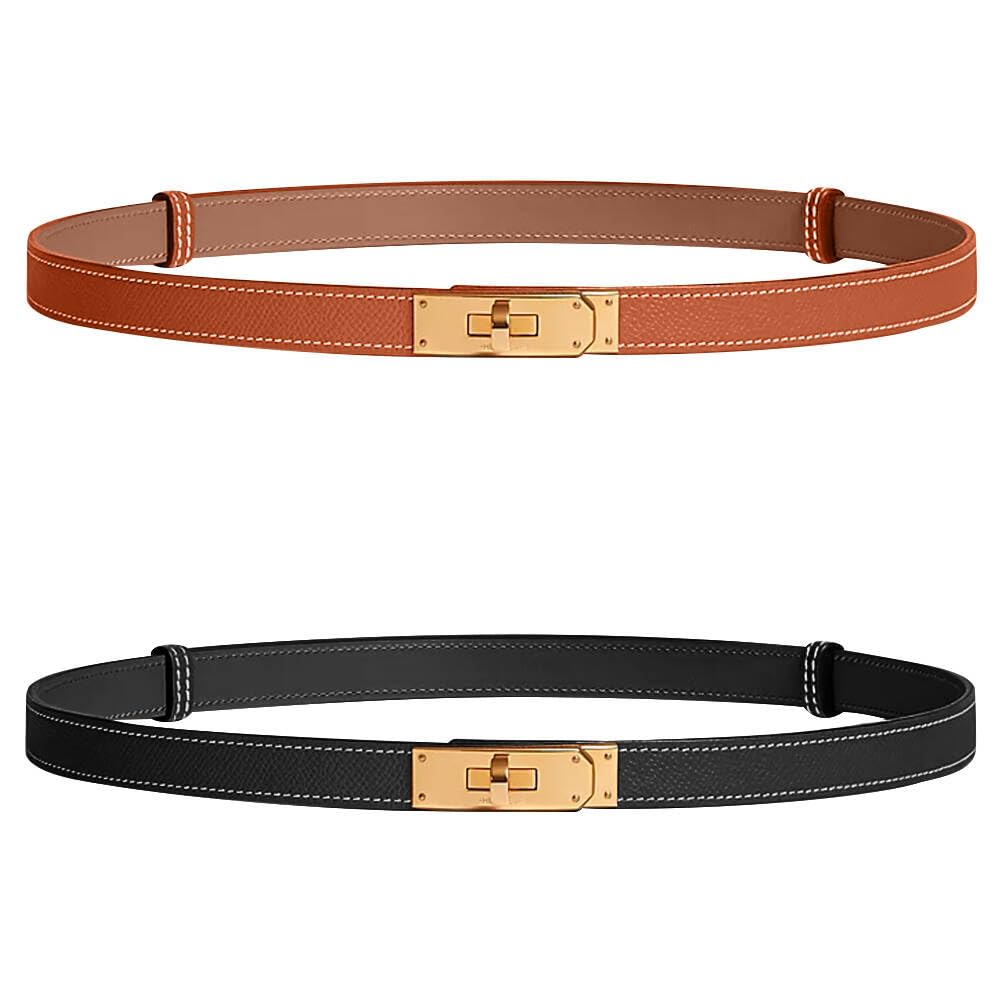 CEAUZY 2 Pack Designer Belts for Women H Gold Buckle Adjustable Turn-Lock Buckle Thin Waist Belt