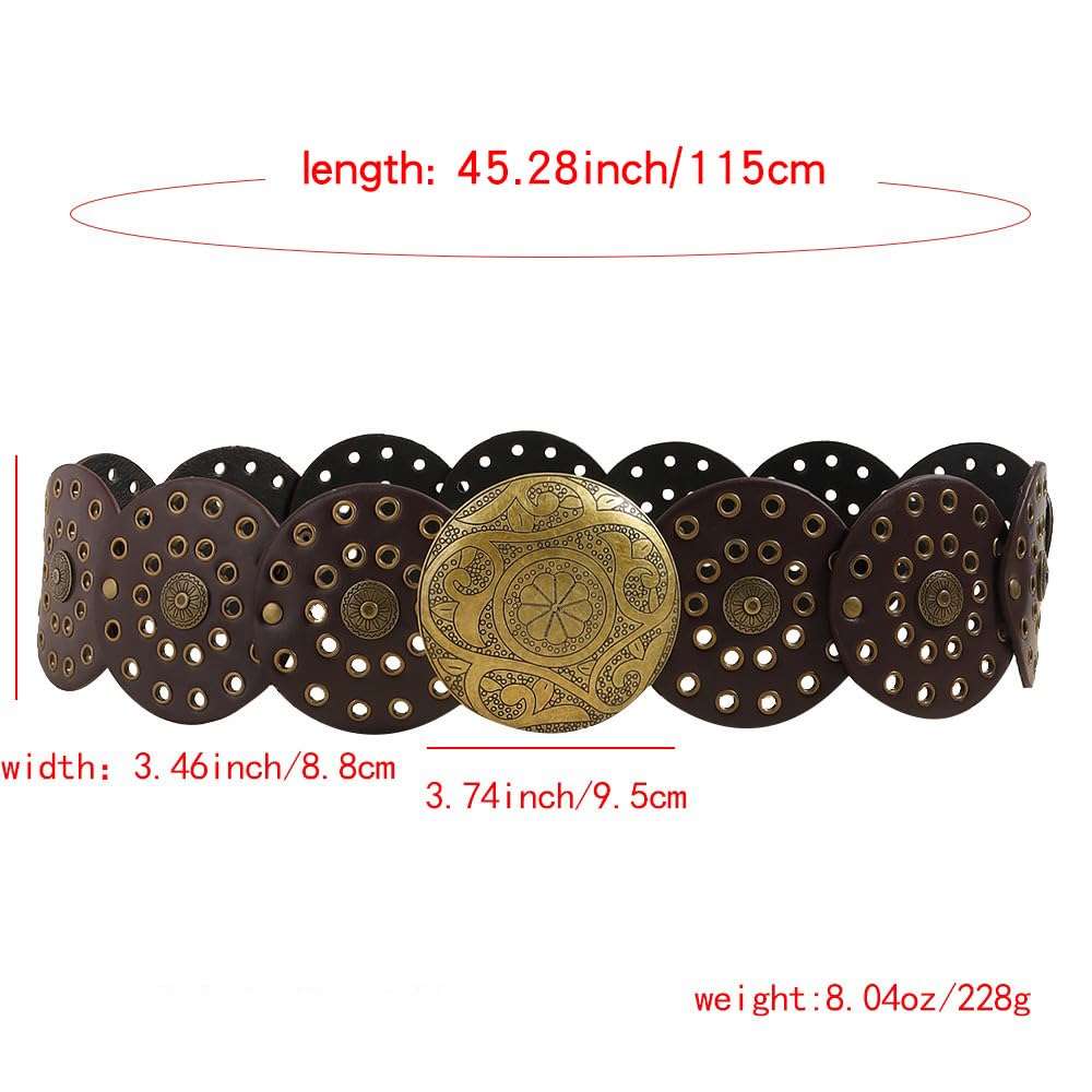 Concho Belts for Women Western Style, Vintage Wide Leather Belt, Circle Whippy Concho Belts, Boho Moroccan Belt Black (Brown, 115cm/45in)