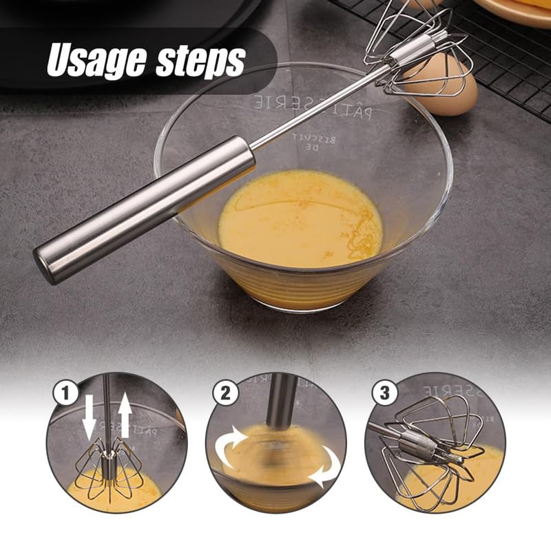 Stainless Steel Semi-Automatic Whisk, 2024 New Stainless Steel Egg Whisk Hand Push Rotary Whisk Blender, Hand Push Mixer Stirrer Tool for Cooking Kitchen Home Egg Milk (10in)