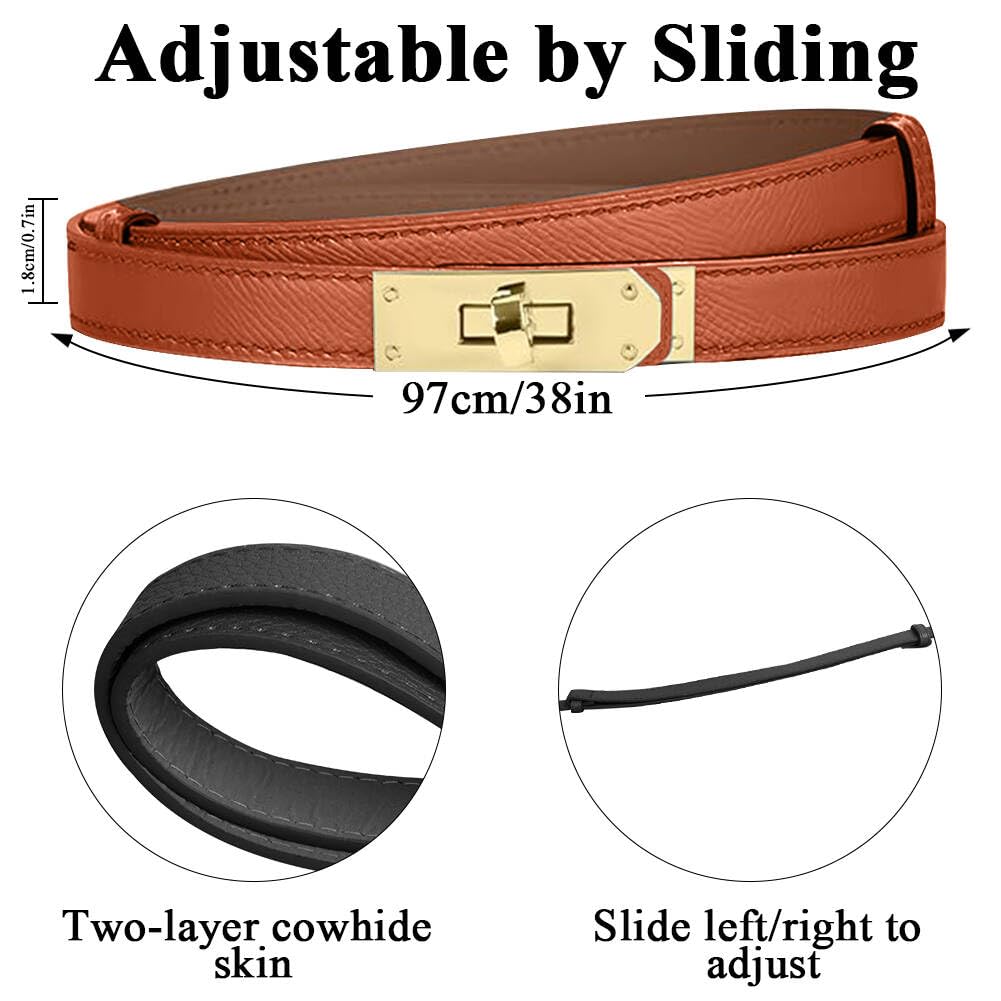 CEAUZY 2 Pack Designer Belts for Women H Gold Buckle Adjustable Turn-Lock Buckle Thin Waist Belt