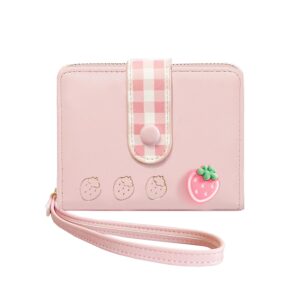 sunwel fashion strawberry wallet card holder small cute wallet zipper coin pocket wallet for women girls (pink)