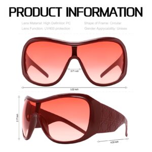 BOTEN Red Oversized Sunglasses For Women Men, Big Tinted Funky Wrap Around Sunglasses Rave Cool Shield Shades Glasses