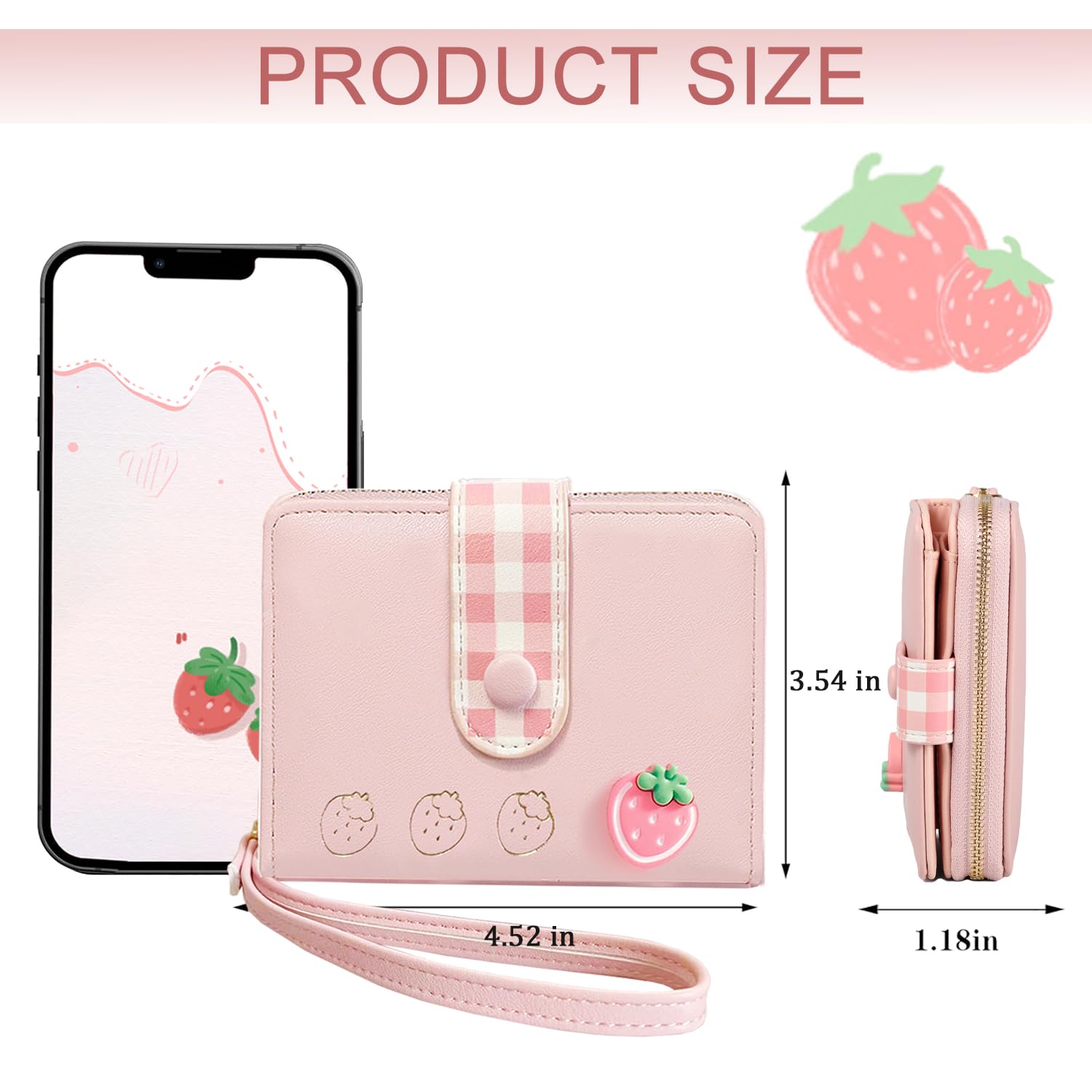 Sunwel Fashion Strawberry Wallet Card Holder Small Cute Wallet Zipper Coin Pocket Wallet for Women Girls (PINK)