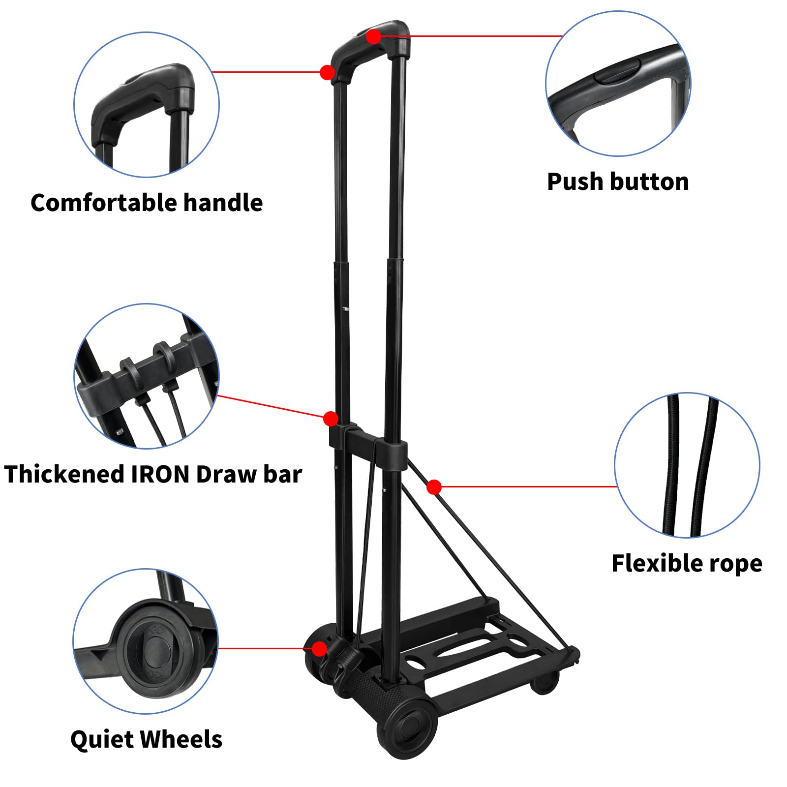 Folding Hand Truck Lightweight Portable Cart,VDHU 2 Wheels Fold Up Hand Cart with Elastic Ropes,Compact Utility Cart with 40kg/90lbs Heavy Duty 2 Wheels for Moving Travel Shopping Office Luggage Use