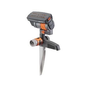 gardena zoommaxx oscillating sprinkler on metal step spike, grey, orange