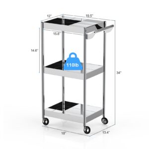 johgee 3 Shelf Mirror Stainless Steel Utility Cart, 3 Tier Stainless Steel Cart with Wheels with Handle, Serving Car, Rolling Medical Cart for Salon, Spa, Lab, Dental Clinic, Lab, Hospital