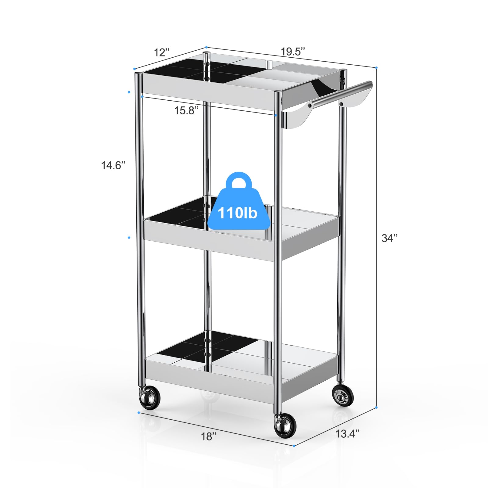 johgee 3 Shelf Mirror Stainless Steel Utility Cart, 3 Tier Stainless Steel Cart with Wheels with Handle, Serving Car, Rolling Medical Cart for Salon, Spa, Lab, Dental Clinic, Lab, Hospital