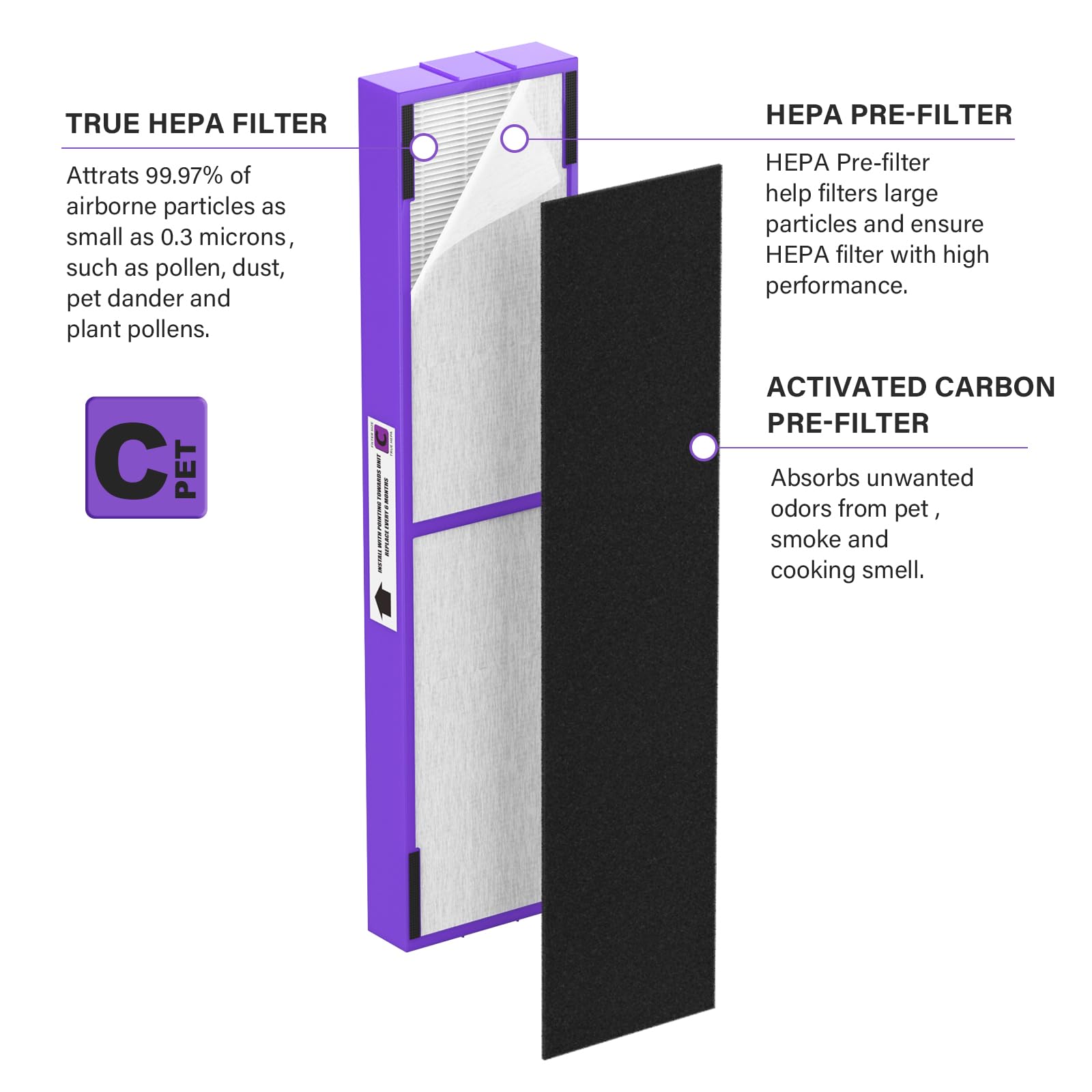 FLT5250PT True HEPA Replacement Filter Compatible with Germ-Guardian Air Purifier Filter C Pet AC5250PT AC5000E AC5300B AC5350W AC5350B CDAP5500, 2 True HEPA with 6 Carbon Pre-Filter