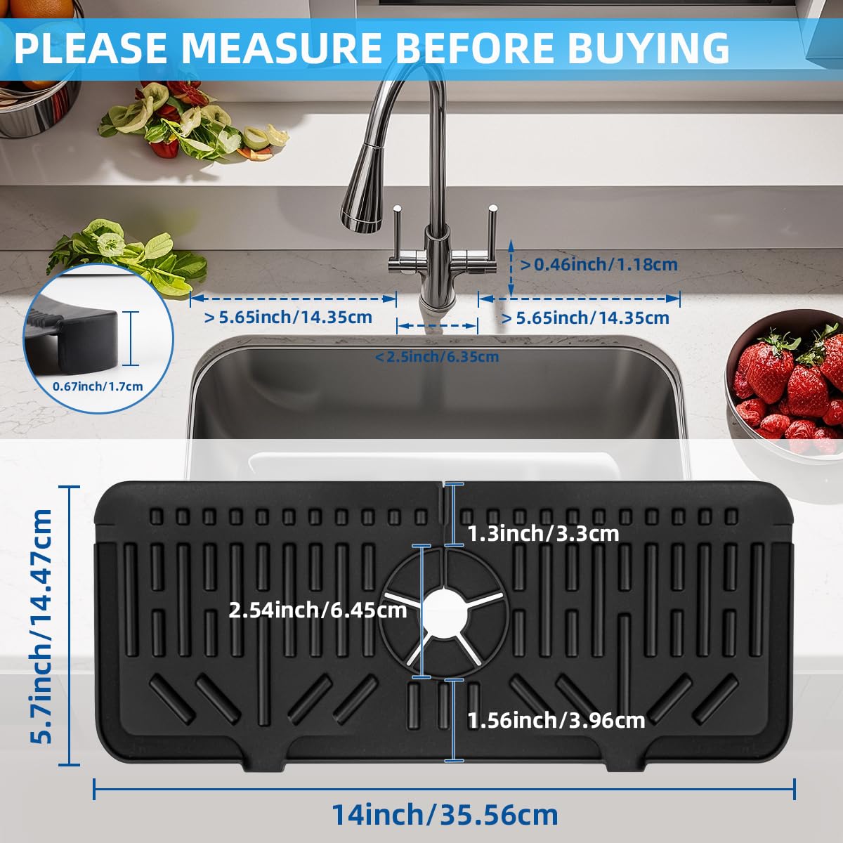 SXhyf Kitchen Sink Splash Guard, Sink Protectors for Kitchen Sink, Faucet Mat for Kitchen Sink, Faucet Drain Pad, Kitchen Gadgets for Kitchen, Rv and Bathroom, 14” x 5.7”(Black)