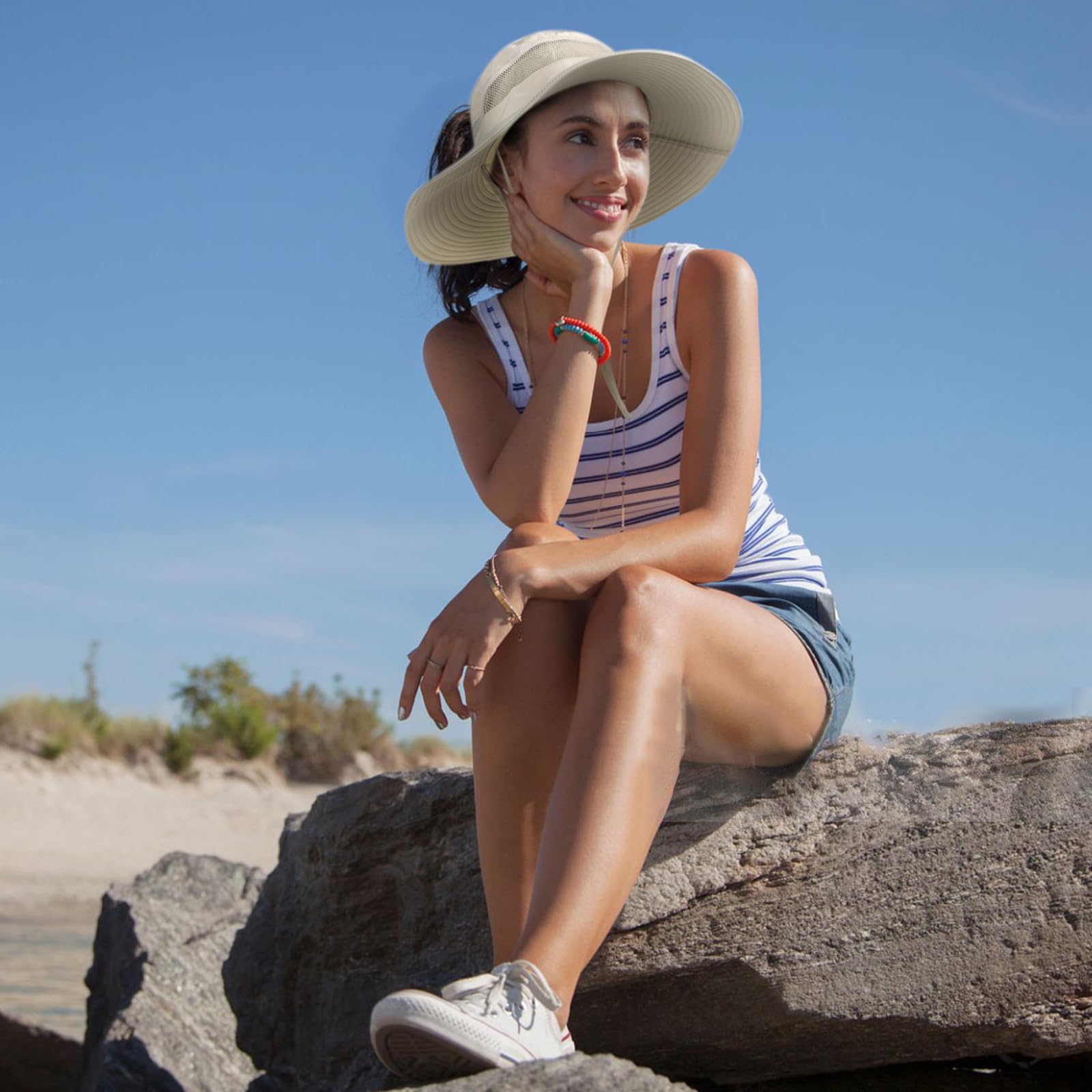 Waterproof Bucket Sun Hat for Women Wide Brim Breathable Mesh UPF50+ Safari Hat Criss Cross Ponytail Hole Outdoor Rain Hat Beige