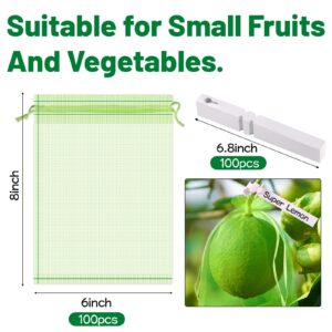 Gushu 100pcs Fruit Protection Bags, 6 x 8 Inch Green Fruit Netting Cover Bags with 100pcs Plant Label Drawstring Mesh Fruit Protectors Pest Barrier for Plant Fruit Vegetable Veggies Garden