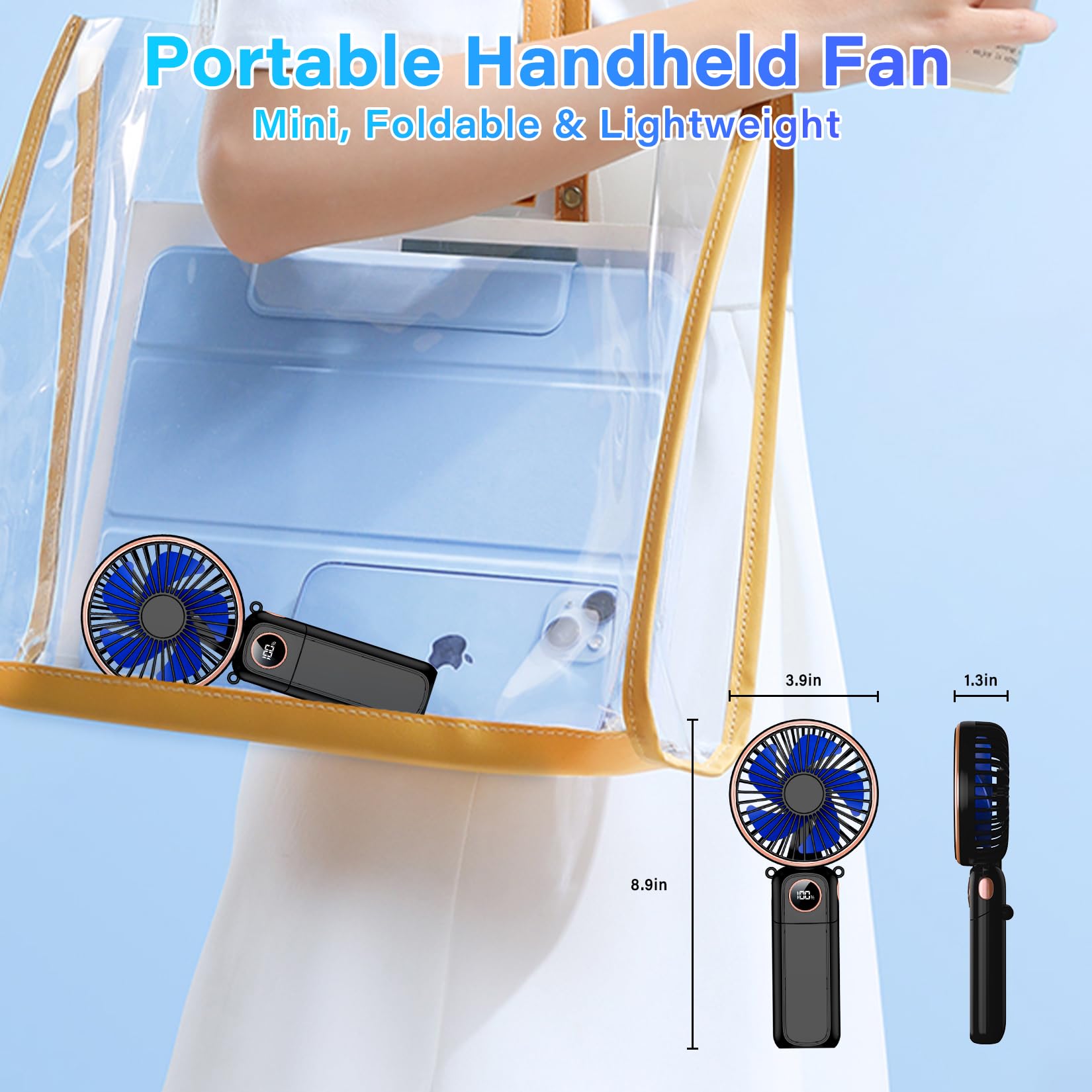 Portable Handheld Fan, 5200mAh Portable Fan Rechargeable, 180° Foldable Small Mini Hand Held Fan, Max 22 HRS Working, 6 Speeds, LED Display, Quiet Personal Battery Powered Hand Fan for Travel/Outdoor