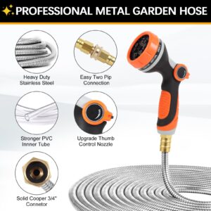 Garden Hose 100 FT Metal Flexible, Stainless Steel Water Hose 100ft with Nozzle, Solid Metal Fitting, Heavy Duty, No-Kink & Lightweight Metal Hose for Outdoor, Yard, Lawn, RV, Patio & Car