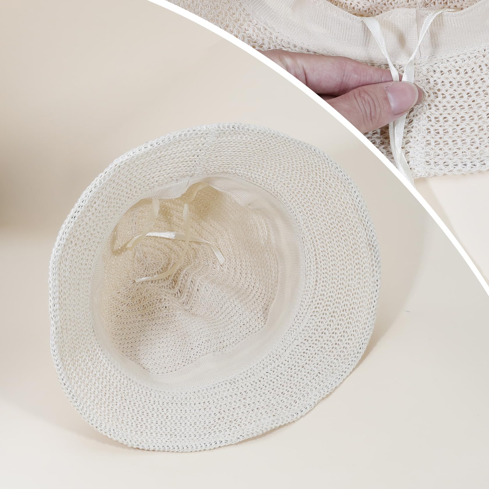 JAZTAKU Beige Bucket Hat Women Mesh Woven Bucket Hats Sun Hat Foldable Packable Wide Brim Summer Soft Beach Hat Crochet Bucket Hat for Women