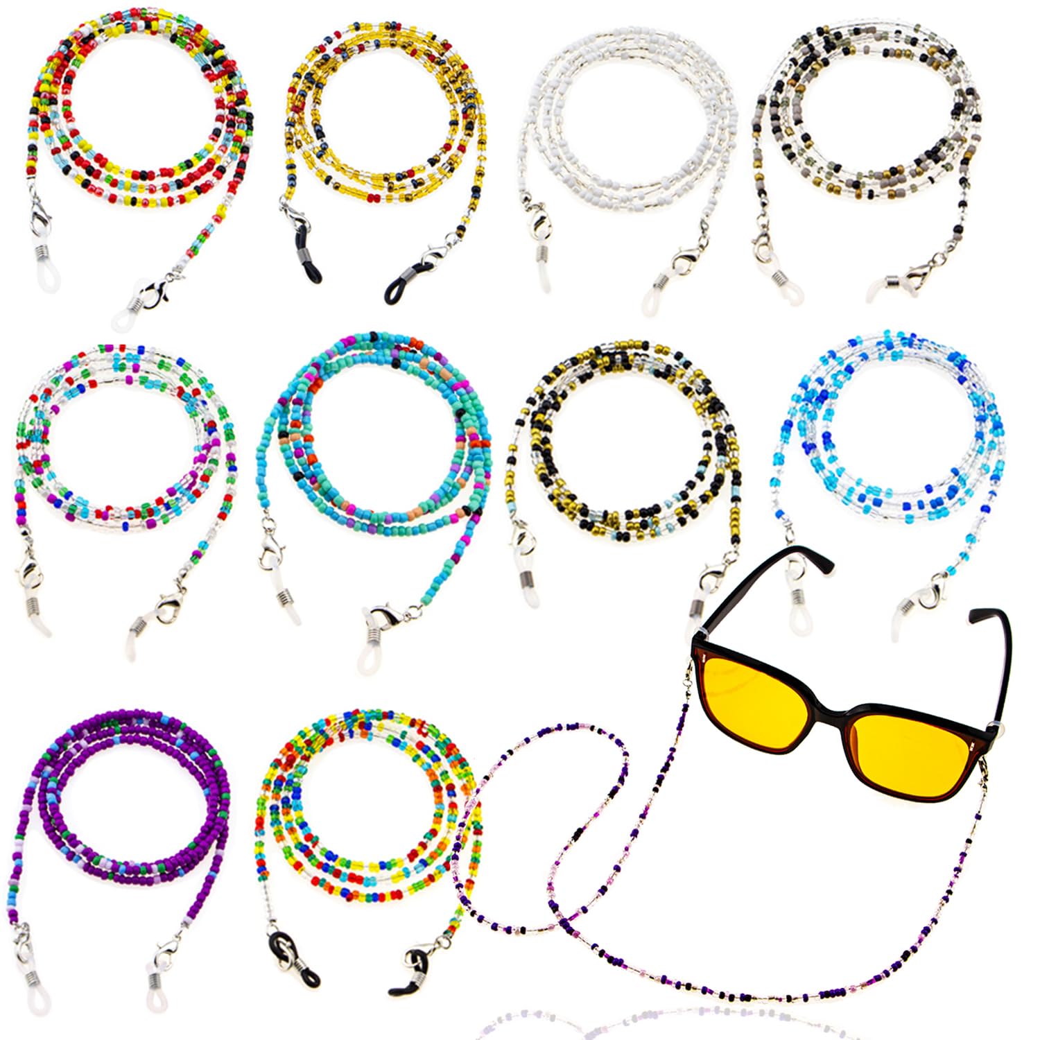 Nudurom 12PCS Boho Glasses Strap for Women,Colored Beaded Eye Glasses Chains,Women Face Mask Lanyard Anti-lost,Eye Glasses Holders Around Neck Handmade Chain For Women Men Kids Eyeglass Sunglasses