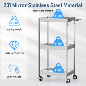 johgee 3 Shelf Mirror Stainless Steel Utility Cart, 3 Tier Stainless Steel Cart with Wheels with Handle, Serving Car, Rolling Medical Cart for Salon, Spa, Lab, Dental Clinic, Lab, Hospital