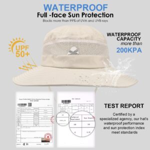 Waterproof Bucket Sun Hat for Women Wide Brim Breathable Mesh UPF50+ Safari Hat Criss Cross Ponytail Hole Outdoor Rain Hat Beige