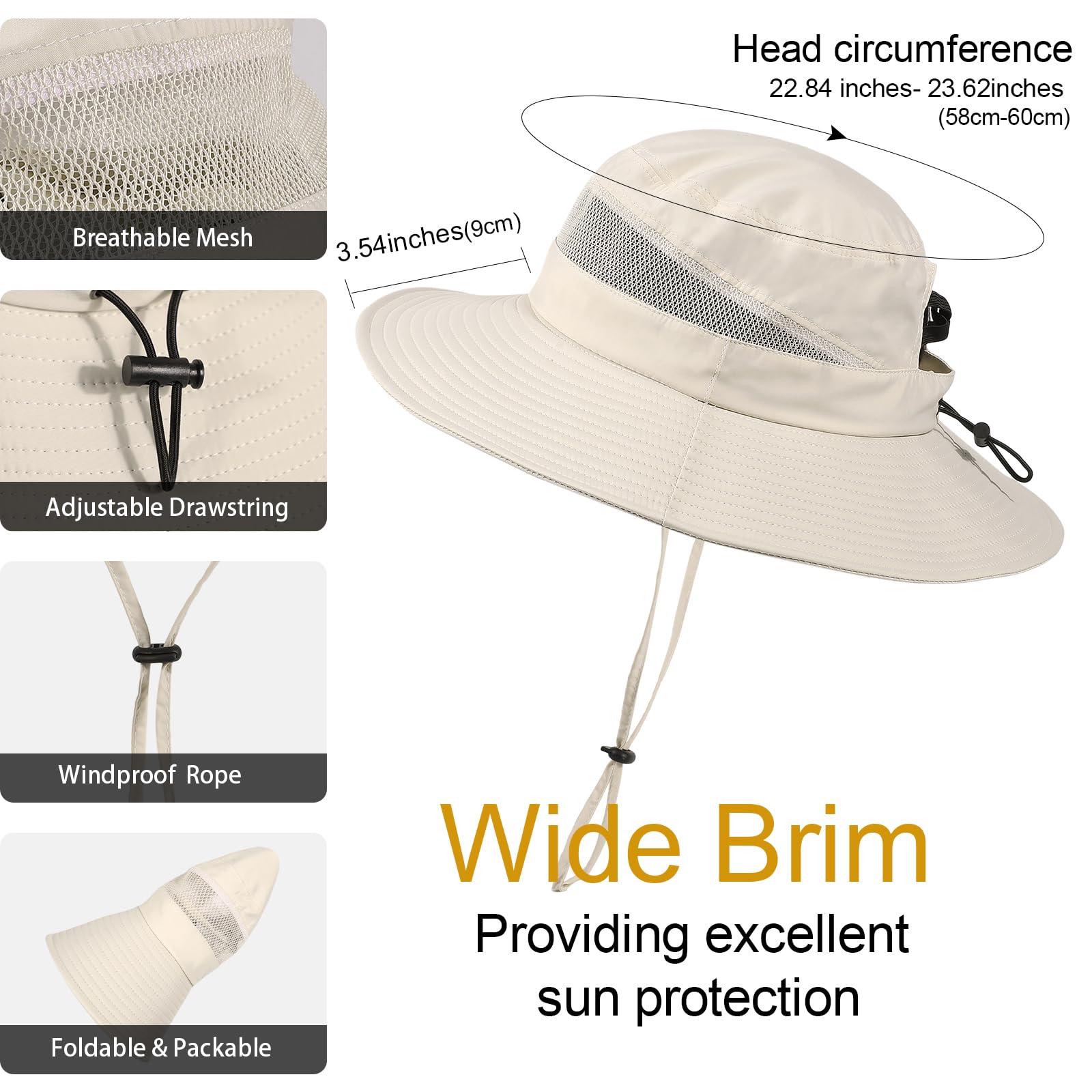 Waterproof Bucket Sun Hat for Women Wide Brim Breathable Mesh UPF50+ Safari Hat Criss Cross Ponytail Hole Outdoor Rain Hat Beige