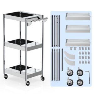 johgee 3 Shelf Mirror Stainless Steel Utility Cart, 3 Tier Stainless Steel Cart with Wheels with Handle, Serving Car, Rolling Medical Cart for Salon, Spa, Lab, Dental Clinic, Lab, Hospital