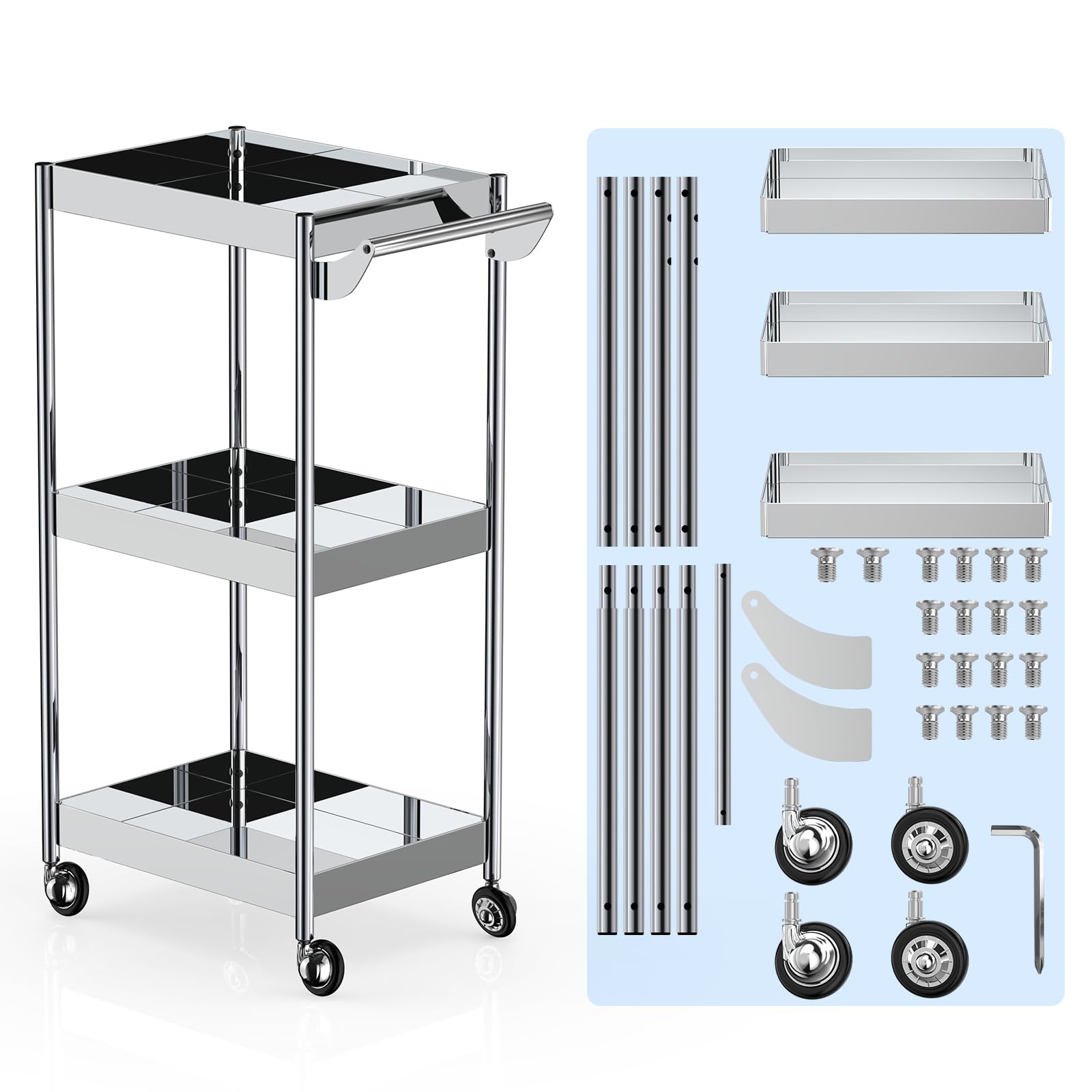 johgee 3 Shelf Mirror Stainless Steel Utility Cart, 3 Tier Stainless Steel Cart with Wheels with Handle, Serving Car, Rolling Medical Cart for Salon, Spa, Lab, Dental Clinic, Lab, Hospital