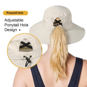 Waterproof Bucket Sun Hat for Women Wide Brim Breathable Mesh UPF50+ Safari Hat Criss Cross Ponytail Hole Outdoor Rain Hat Beige