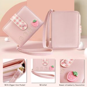 Sunwel Fashion Strawberry Wallet Card Holder Small Cute Wallet Zipper Coin Pocket Wallet for Women Girls (PINK)