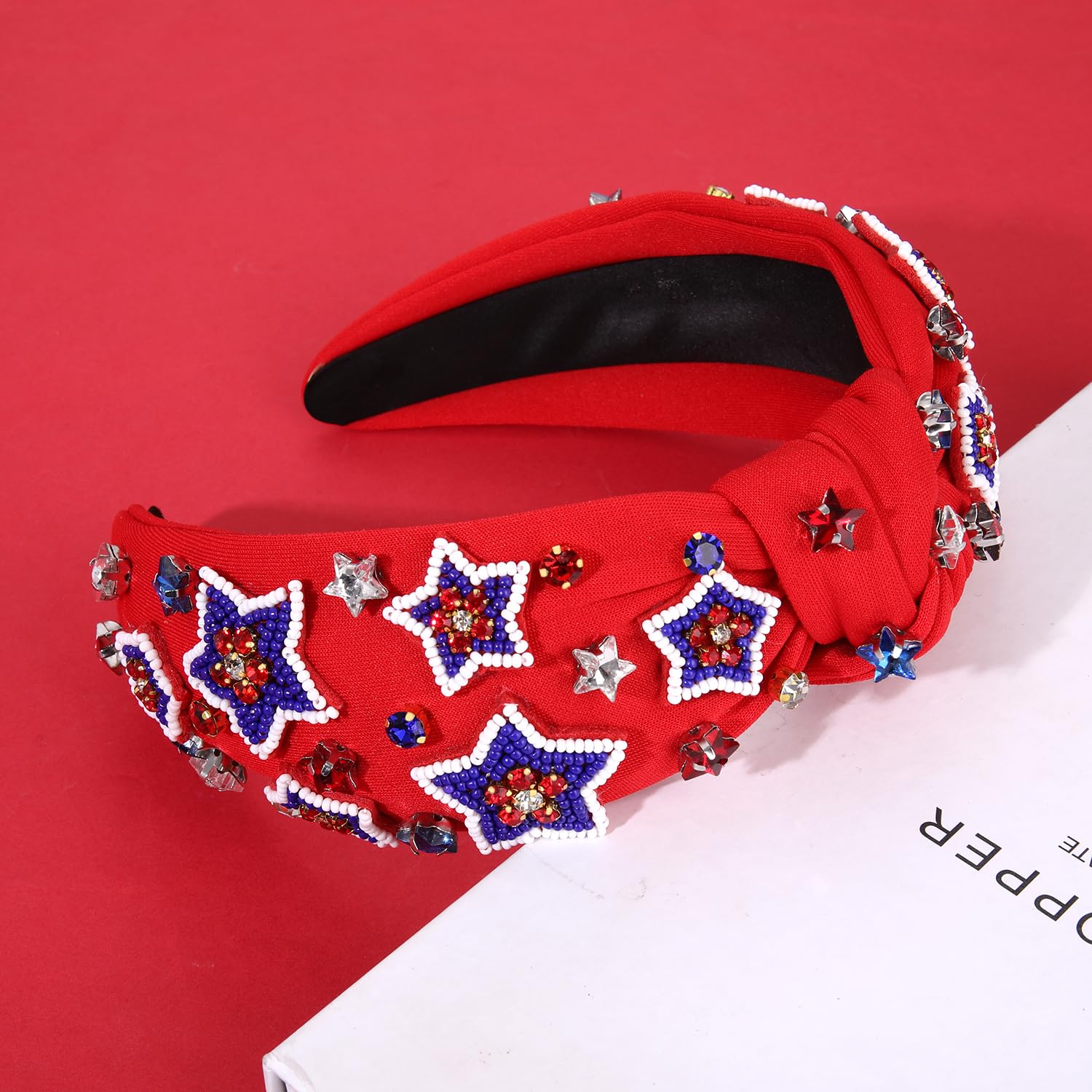 ZOLEAROPY American 4th of July Headband for Women USA Star Rhinestone Jeweled Knotted Headband Fourth of July Patriotic Red White Blue Beaded Star Top Knot Wide Hairband Hair Accessories Gift