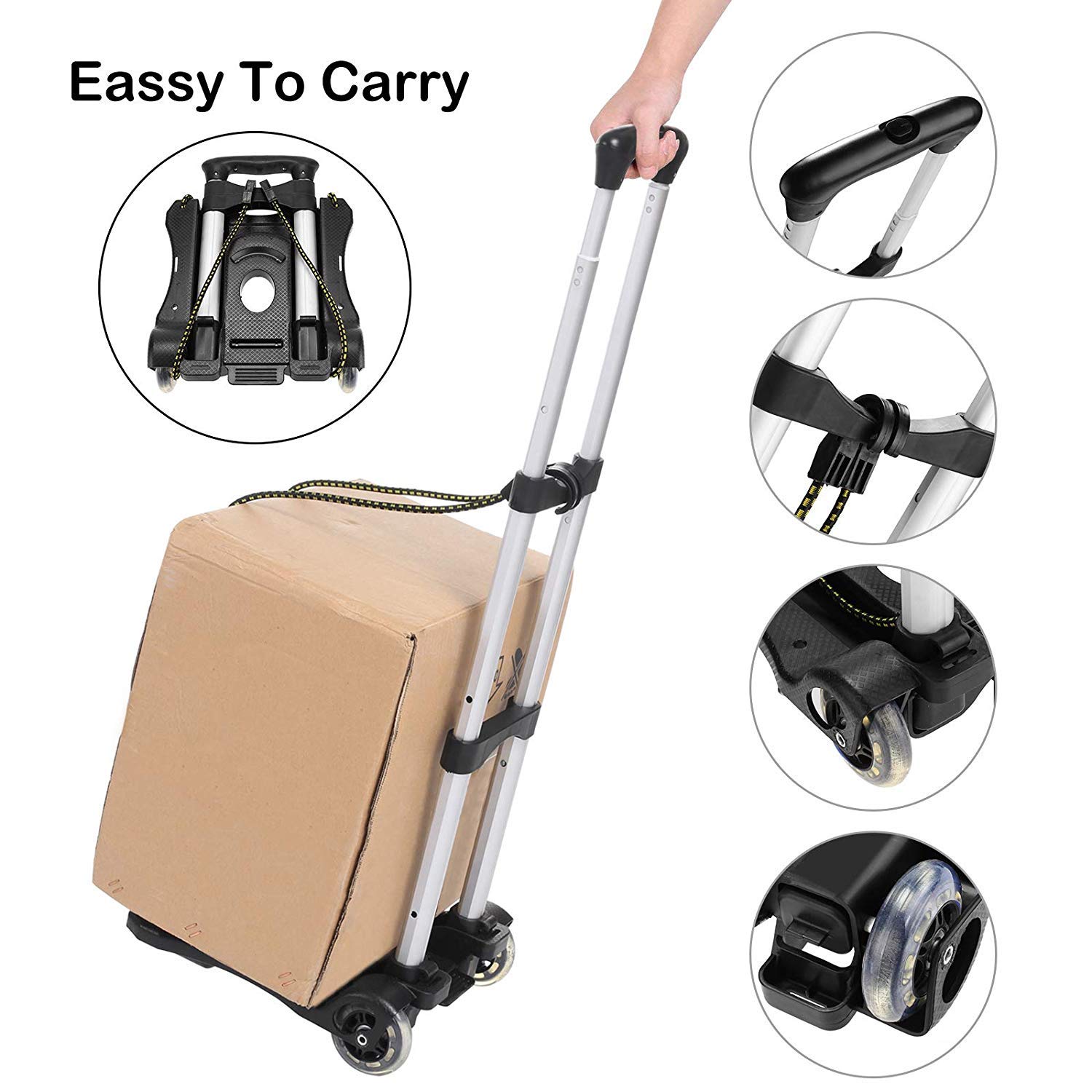 Wawxmo Aluminum Folding Hand Trucks Portable Luggage Cart with Wheels Lightweight Travel Hand Truck/Heavy Duty Moving Dolly (80LB)