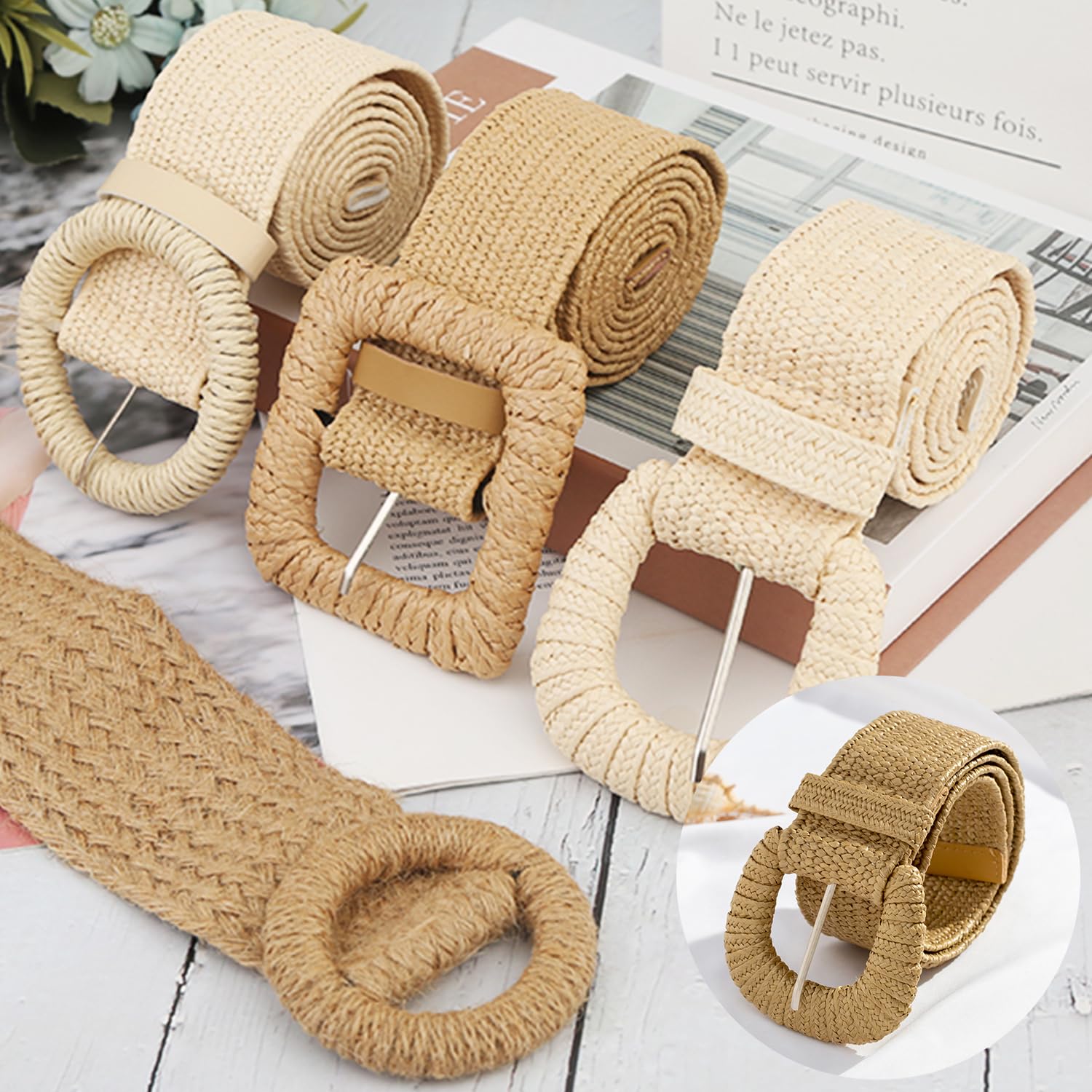 SeptCity Woven Belts for Women, Wide Women Belts for Dresses and Jeans, Boho Stretchy Ladies Belts Gift for Christmas (Khaki with Square Ring)