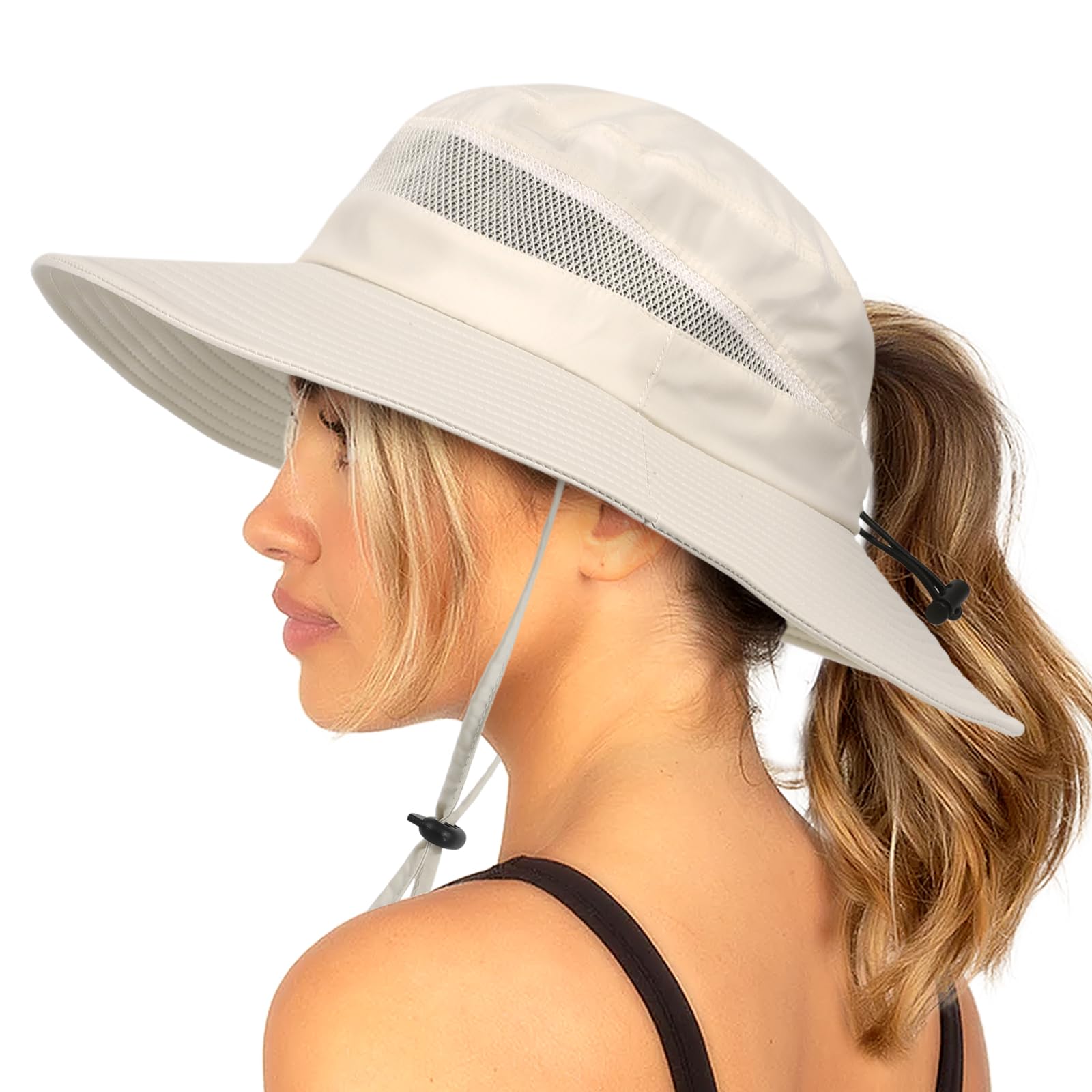 Waterproof Bucket Sun Hat for Women Wide Brim Breathable Mesh UPF50+ Safari Hat Criss Cross Ponytail Hole Outdoor Rain Hat Beige