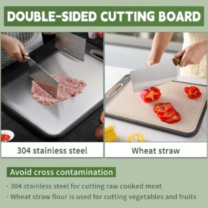 Cutting Board Double Sided,Large Stainless Steel Cutting Boards,Wheat Straw Cutting Boards for Kitchen,for Meat, Veggies, Fruits, with Easy Grip Handle,Dishwasher Safe (1, Large)