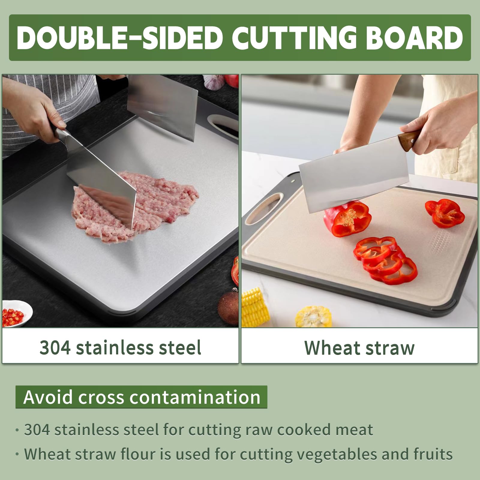 Cutting Board Double Sided,Large Stainless Steel Cutting Boards,Wheat Straw Cutting Boards for Kitchen,for Meat, Veggies, Fruits, with Easy Grip Handle,Dishwasher Safe (1, Large)