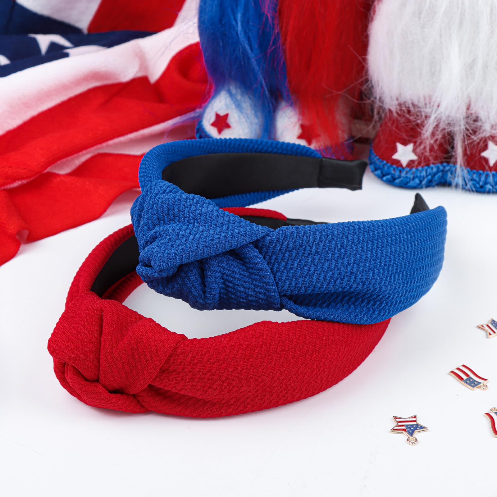 YanJie Headbands for Women Girls Knotted Headband Hair Accessories Patriotic Red Headband Blue Hairbands Fashion Top Knot Hairbands Wide Head Band 2Pcs