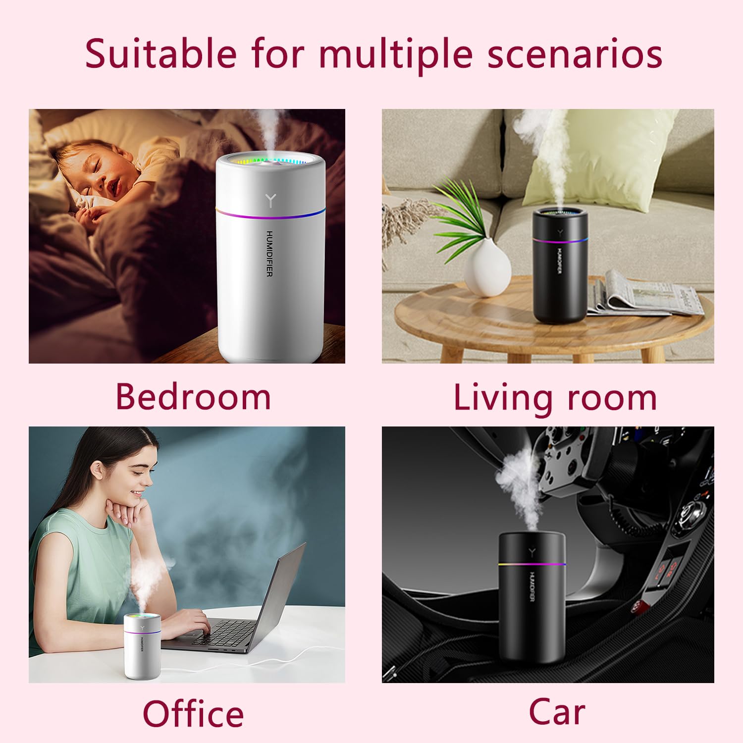 Portable Mini Humidifier, Colorful, Cool Mist, USB Powered. Perfect for Bedroom, Office & Car (White)