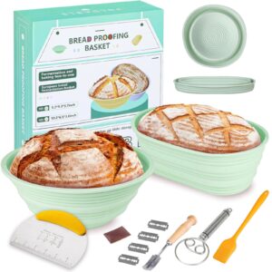 dimpola banneton bread proofing baskets - 9 inch round & 10 inch oval foldable silicone sourdough baking basket, complete set for bread making with essential tools, easy to clean and storage