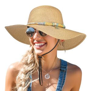 beach hats for women packable boho hat, wide brimmed sun hats for womens straw hats for summer upf 50+ uv protection khaki