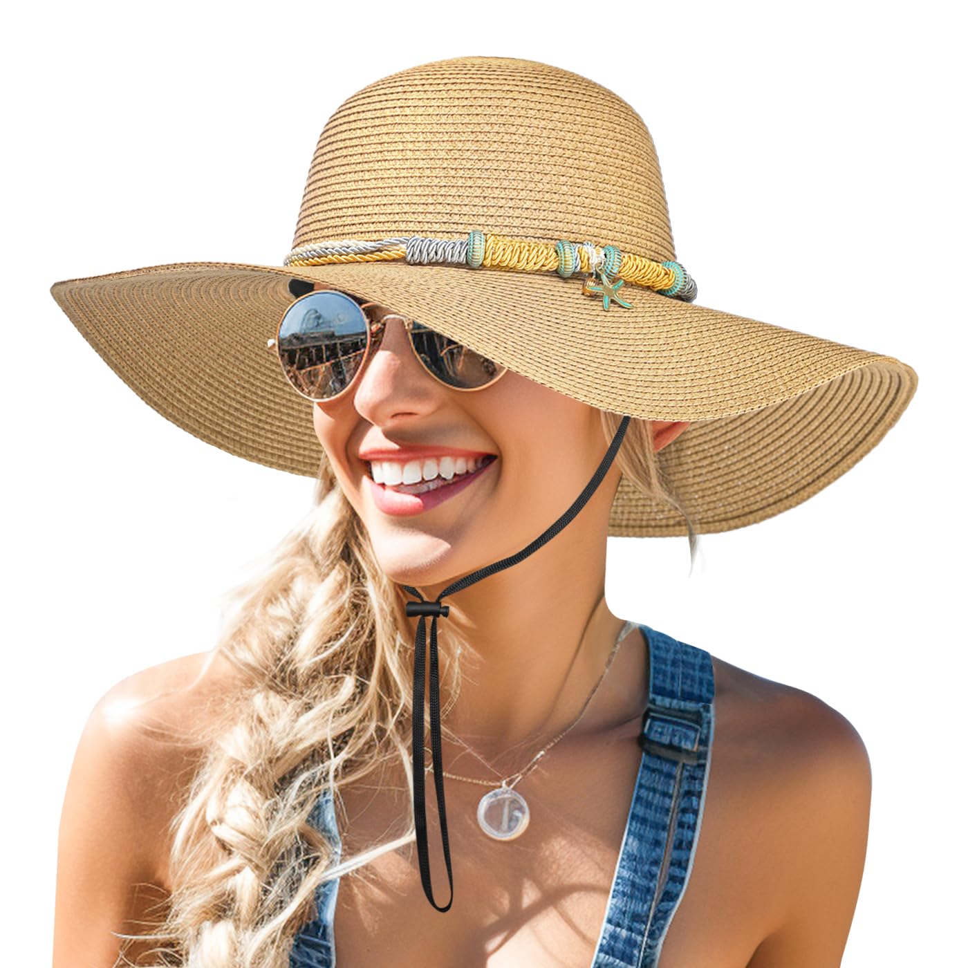 Beach Hats for Women Packable Boho Hat, Wide Brimmed Sun Hats for Womens Straw Hats for Summer UPF 50+ UV Protection Khaki