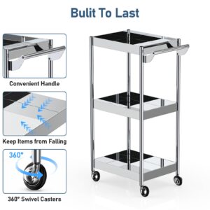 johgee 3 Shelf Mirror Stainless Steel Utility Cart, 3 Tier Stainless Steel Cart with Wheels with Handle, Serving Car, Rolling Medical Cart for Salon, Spa, Lab, Dental Clinic, Lab, Hospital