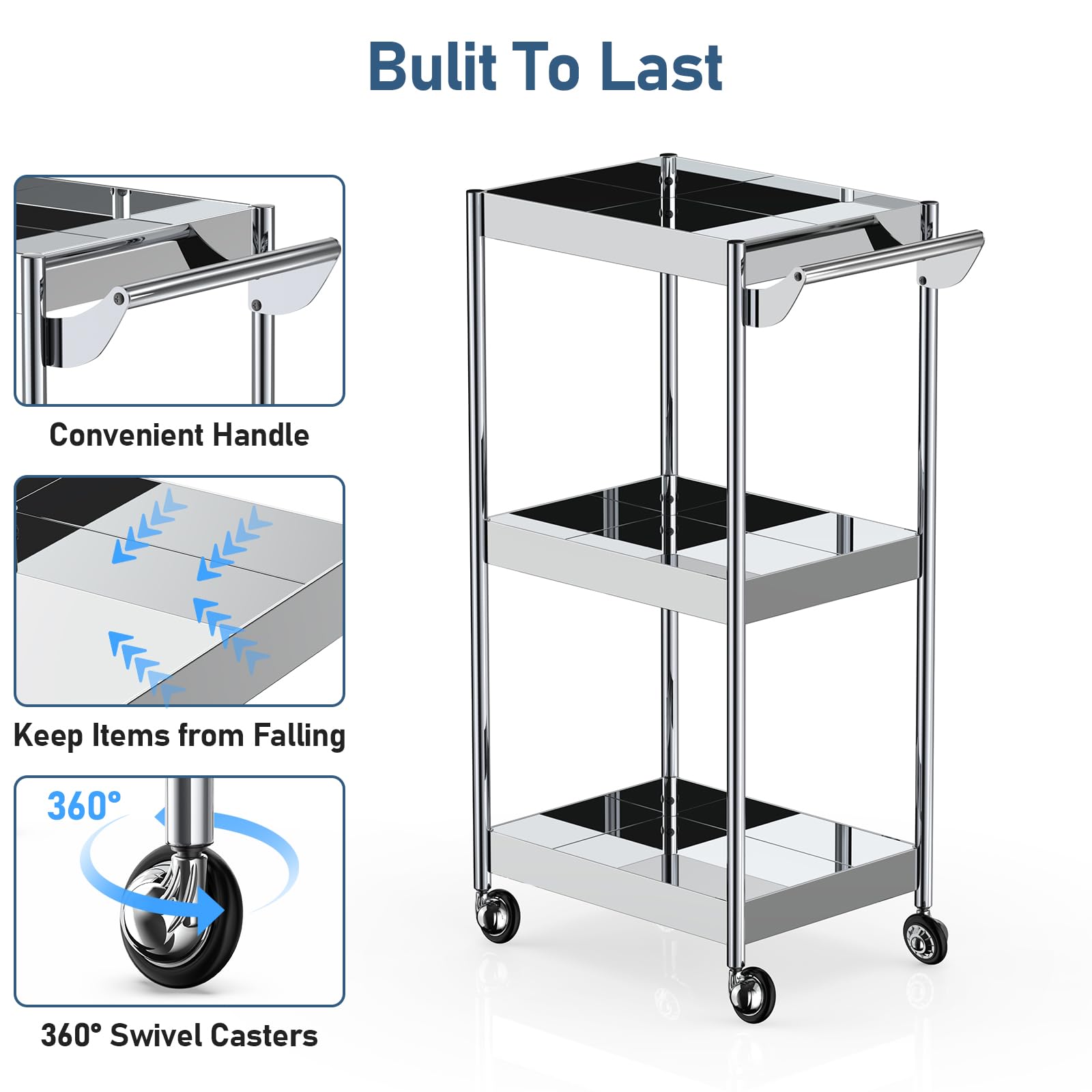 johgee 3 Shelf Mirror Stainless Steel Utility Cart, 3 Tier Stainless Steel Cart with Wheels with Handle, Serving Car, Rolling Medical Cart for Salon, Spa, Lab, Dental Clinic, Lab, Hospital